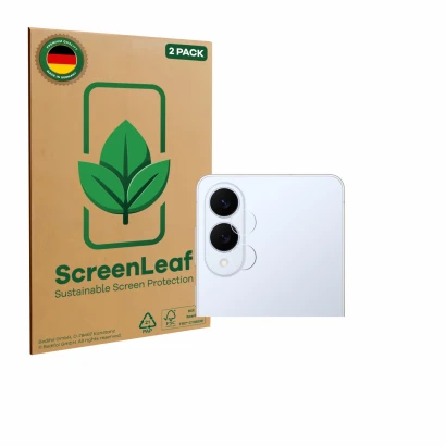 Parte frontale di una confezione del prodotto con il logo del marchio ScreenLeaf. Accanto è raffigurato il dispositivo Samsung