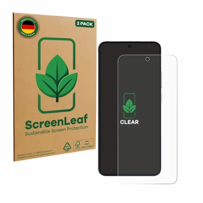 Parte frontale di una confezione del prodotto con il logo del marchio ScreenLeaf. Accanto è raffigurato il dispositivo Oppo Re
