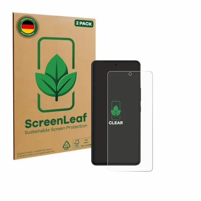 Parte frontale di una confezione del prodotto con il logo del marchio ScreenLeaf. Accanto è raffigurato il dispositivo ASUS RO