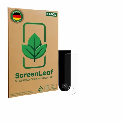 Parte frontale di una confezione del prodotto con il logo del marchio ScreenLeaf. Accanto è raffigurato il dispositivo Xiaomi 