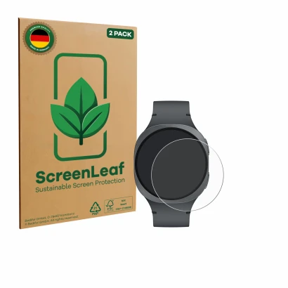 Parte frontale di una confezione del prodotto con il logo del marchio ScreenLeaf. Accanto è raffigurato il dispositivo Samsung
