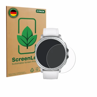 Parte frontale di una confezione del prodotto con il logo del marchio ScreenLeaf. Accanto è raffigurato il dispositivo Samsung