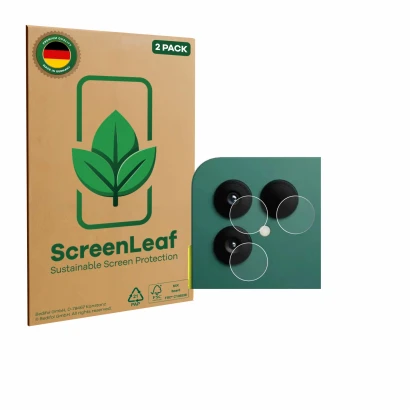 Parte frontale di una confezione del prodotto con il logo del marchio ScreenLeaf. Accanto è raffigurato il dispositivo Fairpho