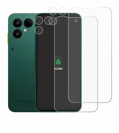 Immagine del dispositivo Fairphone 6 (Fronte+Fotocamera) con un'ampia varietà di protezioni per lo schermo.