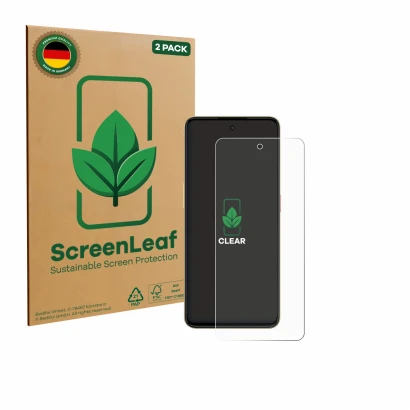 Parte frontale di una confezione del prodotto con il logo del marchio ScreenLeaf. Accanto è raffigurato il dispositivo Nubia N