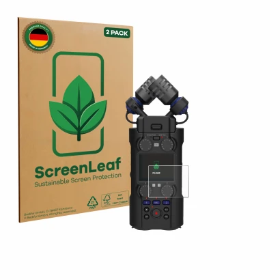 Parte frontale di una confezione del prodotto con il logo del marchio ScreenLeaf. Accanto è raffigurato il dispositivo Zoom H5