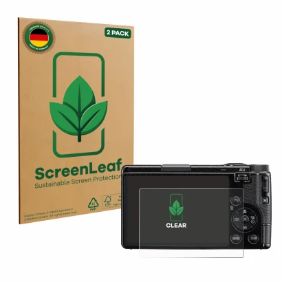 Parte frontale di una confezione del prodotto con il logo del marchio ScreenLeaf. Accanto è raffigurato il dispositivo Ricoh G