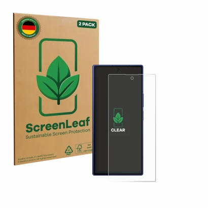 Parte frontale di una confezione del prodotto con il logo del marchio ScreenLeaf. Accanto è raffigurato il dispositivo Samsung