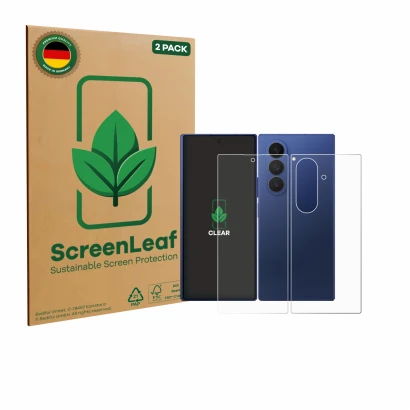 Parte frontale di una confezione del prodotto con il logo del marchio ScreenLeaf. Accanto è raffigurato il dispositivo Samsung