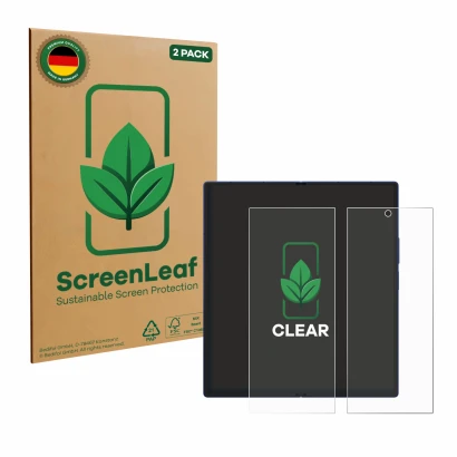 Parte frontale di una confezione del prodotto con il logo del marchio ScreenLeaf. Accanto è raffigurato il dispositivo Samsung
