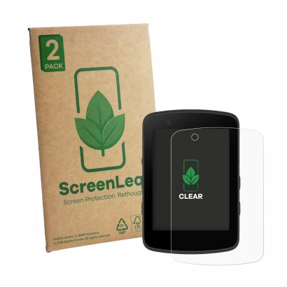 Parte frontale di una confezione del prodotto con il logo del marchio ScreenLeaf. Accanto è raffigurato il dispositivo Bryton 