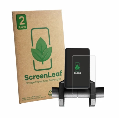 Parte frontale di una confezione del prodotto con il logo del marchio ScreenLeaf. Accanto è raffigurato il dispositivo Joyor S