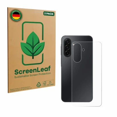 Parte frontale di una confezione del prodotto con il logo del marchio ScreenLeaf. Accanto è raffigurato il dispositivo Samsung