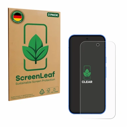 Parte frontale di una confezione del prodotto con il logo del marchio ScreenLeaf. Accanto è raffigurato il dispositivo Google 