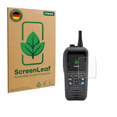 Parte frontale di una confezione del prodotto con il logo del marchio ScreenLeaf. Accanto è raffigurato il dispositivo Icom IC