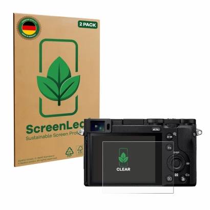 Parte frontale di una confezione del prodotto con il logo del marchio ScreenLeaf. Accanto è raffigurato il dispositivo Sony RX