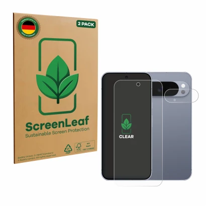 Parte frontale di una confezione del prodotto con il logo del marchio ScreenLeaf. Accanto è raffigurato il dispositivo Google 