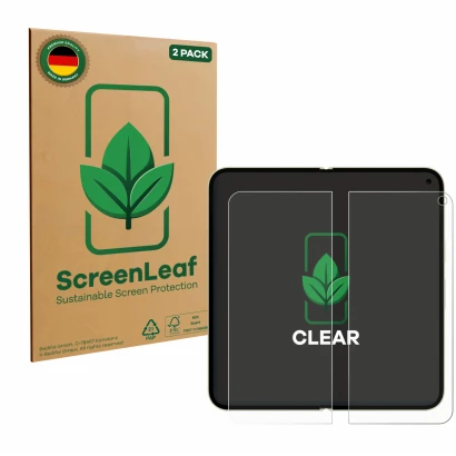 Parte frontale di una confezione del prodotto con il logo del marchio ScreenLeaf. Accanto è raffigurato il dispositivo Google 