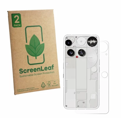 Parte frontale di una confezione del prodotto con il logo del marchio ScreenLeaf. Accanto è raffigurato il dispositivo Nothing