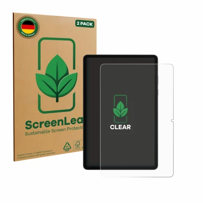 Parte frontale di una confezione del prodotto con il logo del marchio ScreenLeaf. Accanto è raffigurato il dispositivo Samsung