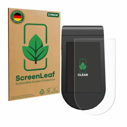 Parte frontale di una confezione del prodotto con il logo del marchio ScreenLeaf. Accanto è raffigurato il dispositivo SoFlow 