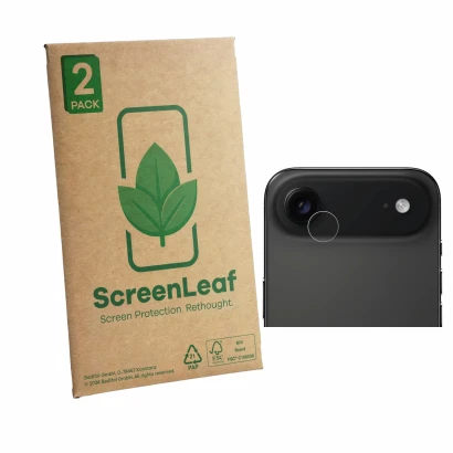 Parte frontale di una confezione del prodotto con il logo del marchio ScreenLeaf. Accanto è raffigurato il dispositivo Apple i