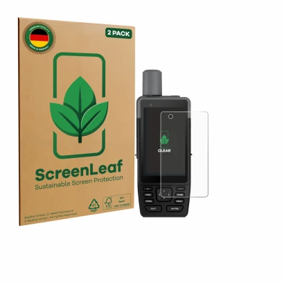 Parte frontale di una confezione del prodotto con il logo del marchio ScreenLeaf. Accanto è raffigurato il dispositivo Garmin 
