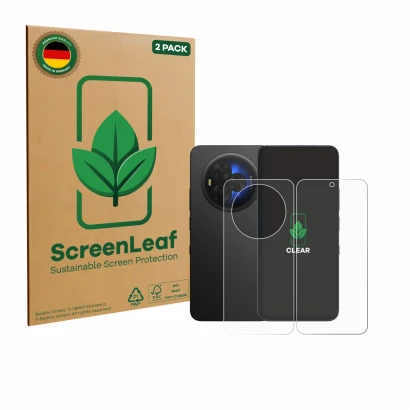 Parte frontale di una confezione del prodotto con il logo del marchio ScreenLeaf. Accanto è raffigurato il dispositivo TCL NXT