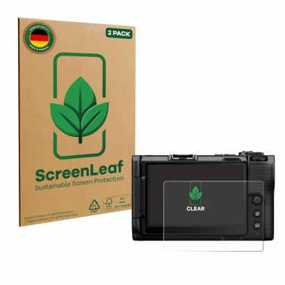 Parte frontale di una confezione del prodotto con il logo del marchio ScreenLeaf. Accanto è raffigurato il dispositivo Nikon Z