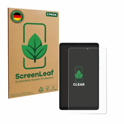 Parte frontale di una confezione del prodotto con il logo del marchio ScreenLeaf. Accanto è raffigurato il dispositivo Samsung