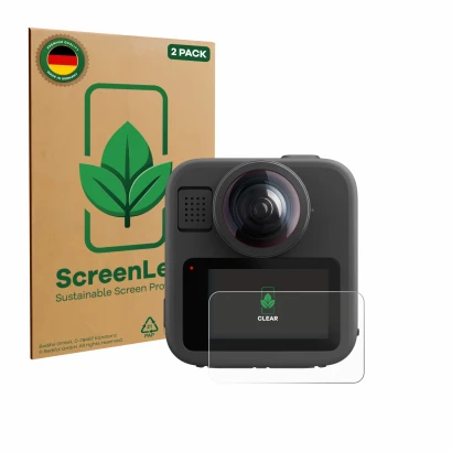 Parte frontale di una confezione del prodotto con il logo del marchio ScreenLeaf. Accanto è raffigurato il dispositivo GoPro M