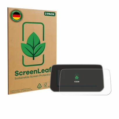 Parte frontale di una confezione del prodotto con il logo del marchio ScreenLeaf. Accanto è raffigurato il dispositivo Mazda C