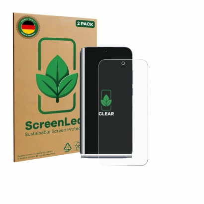Parte frontale di una confezione del prodotto con il logo del marchio ScreenLeaf. Accanto è raffigurato il dispositivo realme 