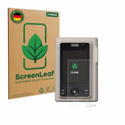 Parte frontale di una confezione del prodotto con il logo del marchio ScreenLeaf. Accanto è raffigurato il dispositivo Fujifil
