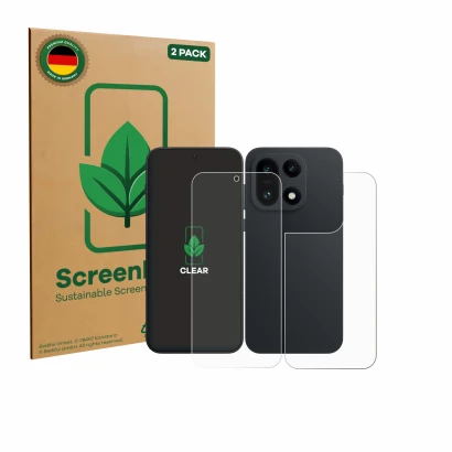 Parte frontale di una confezione del prodotto con il logo del marchio ScreenLeaf. Accanto è raffigurato il dispositivo OnePlus