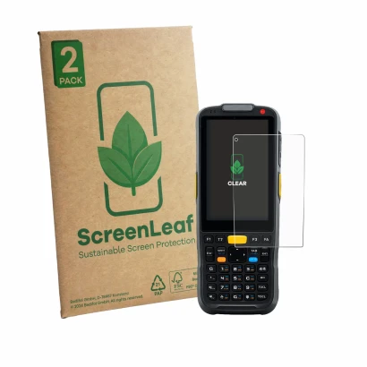 Parte frontale di una confezione del prodotto con il logo del marchio ScreenLeaf. Accanto è raffigurato il dispositivo Newland