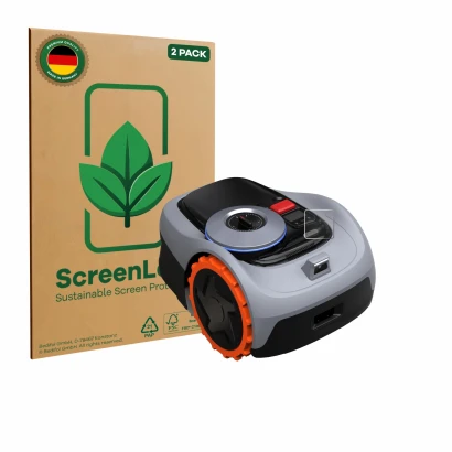 Parte frontale di una confezione del prodotto con il logo del marchio ScreenLeaf. Accanto è raffigurato il dispositivo Navimow