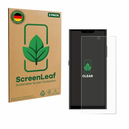 Parte frontale di una confezione del prodotto con il logo del marchio ScreenLeaf. Accanto è raffigurato il dispositivo Jolla P