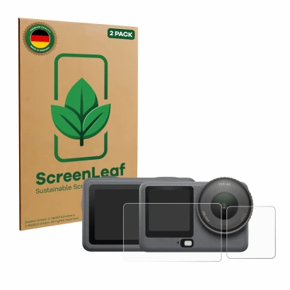 Parte frontale di una confezione del prodotto con il logo del marchio ScreenLeaf. Accanto è raffigurato il dispositivo DJI Osm