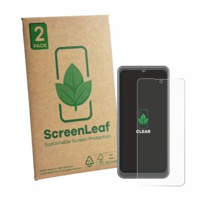 Parte frontale di una confezione del prodotto con il logo del marchio ScreenLeaf. Accanto è raffigurato il dispositivo Sonim X