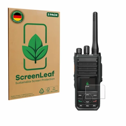 Parte frontale di una confezione del prodotto con il logo del marchio ScreenLeaf. Accanto è raffigurato il dispositivo Hytera 
