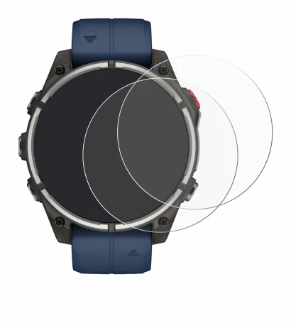 Immagine del dispositivo Garmin quatix 8 Pro (47 mm) con un'ampia varietà di protezioni per lo schermo.