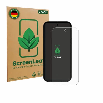 Parte frontale di una confezione del prodotto con il logo del marchio ScreenLeaf. Accanto è raffigurato il dispositivo Google 