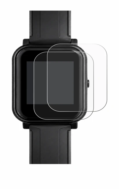 Immagine del dispositivo Bangle.js 2 con un'ampia varietà di protezioni per lo schermo.