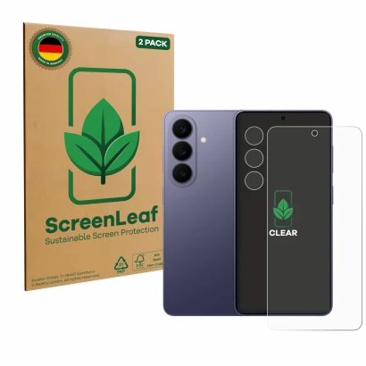 Parte frontale di una confezione del prodotto con il logo del marchio ScreenLeaf. Accanto è raffigurato il dispositivo Samsung