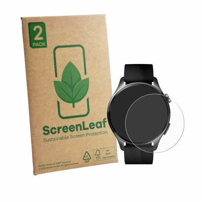 Parte frontale di una confezione del prodotto con il logo del marchio ScreenLeaf. Accanto è raffigurato il dispositivo Xiaomi 