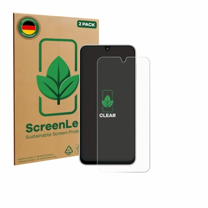 Parte frontale di una confezione del prodotto con il logo del marchio ScreenLeaf. Accanto è raffigurato il dispositivo Samsung