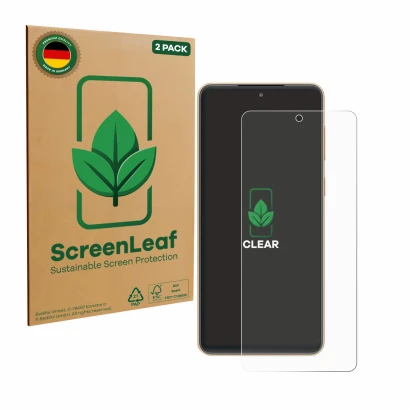 Parte frontale di una confezione del prodotto con il logo del marchio ScreenLeaf. Accanto è raffigurato il dispositivo Samsung