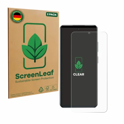 Parte frontale di una confezione del prodotto con il logo del marchio ScreenLeaf. Accanto è raffigurato il dispositivo realme 