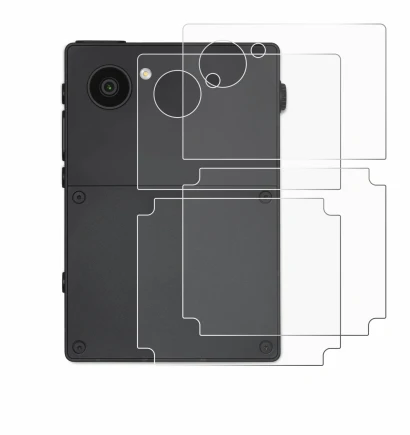 Immagine del dispositivo Light Phone 3 (Posteriore) con un'ampia varietà di protezioni per lo schermo.